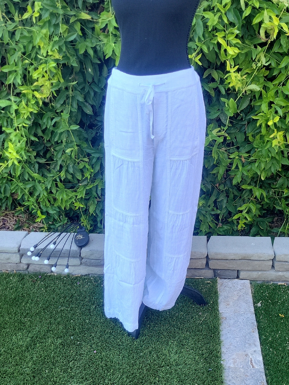 Soft Surroundings White Tiered Wide-Leg Linen Blend Drawstring Palazzo Pants S